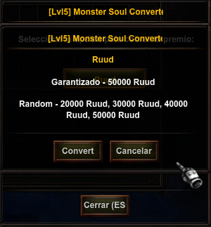 Ventana para seleccionar recompensa de Monster Soul Converter